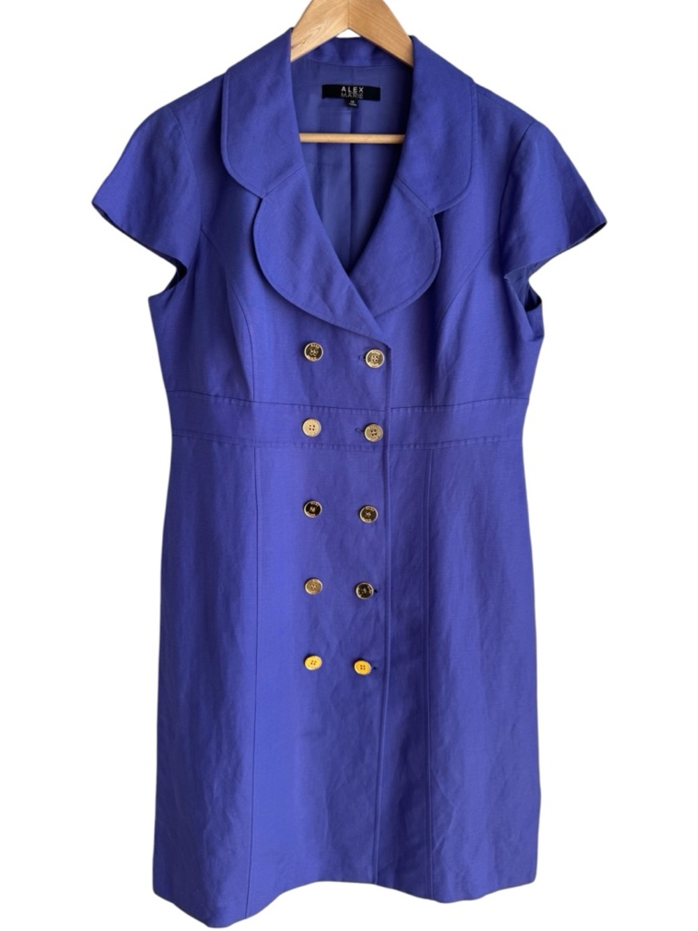 Alex Marie Linen Blend Dress Sz 12 Purple Double Breasted Gold Button Sheath EUC
